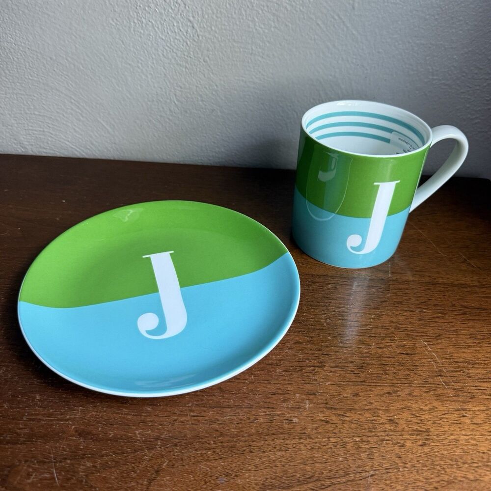 Kate Spade "J" Initial Monogram Letter Cup Mug & Dessert Plate Lenox Wickford